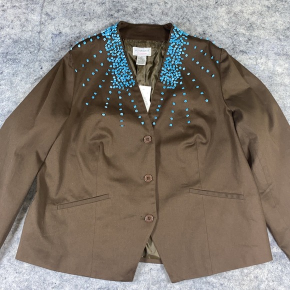 Victor Costa Blazer Women's‎ 1X brown with turquoise bead embellishments lined - Picture 2 of 12